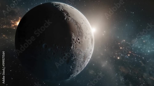 A breathtaking view of a cratered moon illuminated by a distant sun in deep space