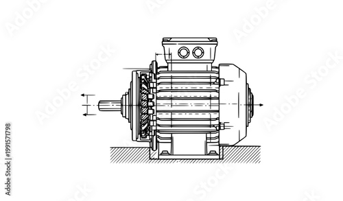 Electric motor blueprint vector illustration with technical line drawing and cross section details isolated on white background