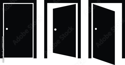 Door icon. Interior and exterior door sign. Home decorate element. room symbol. Exit doorway simple icons. Push door symbols

