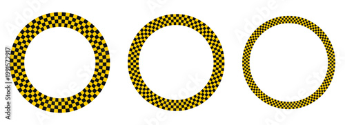 Yellow black checkerboard circle frames set. Round border with racing flag pattern, geometric grid, square tile texture. Vintage taxi emblem for urban transport, retro speed design. Vector.