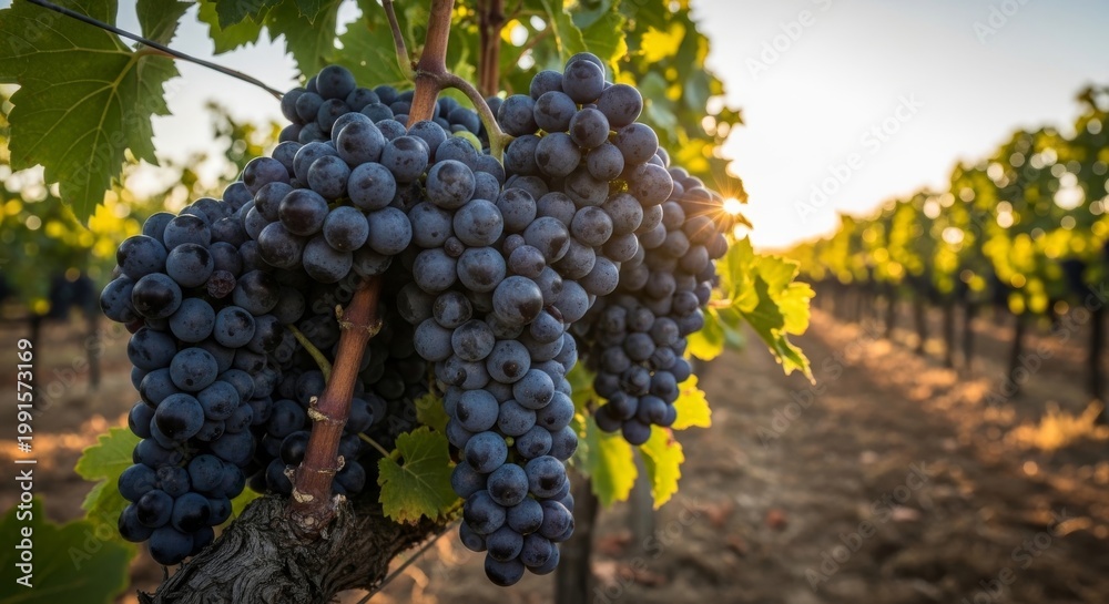 Naklejka premium Ripe Purple Grapes Hanging on a Vineyard Vine