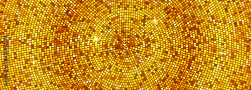Gold disco ball mosaic vector background. Radial circular pattern of golden yellow square tiles with sparkle flares, symbolizing party, dance, glitter, luxury, and festive club event.