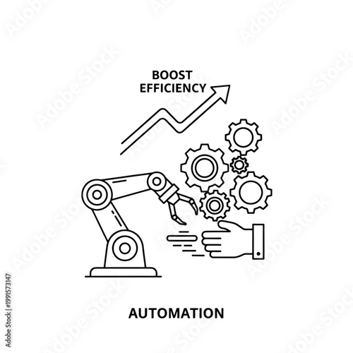 An illustration of a robotic arm and gears, representing automation and efficiency in a process