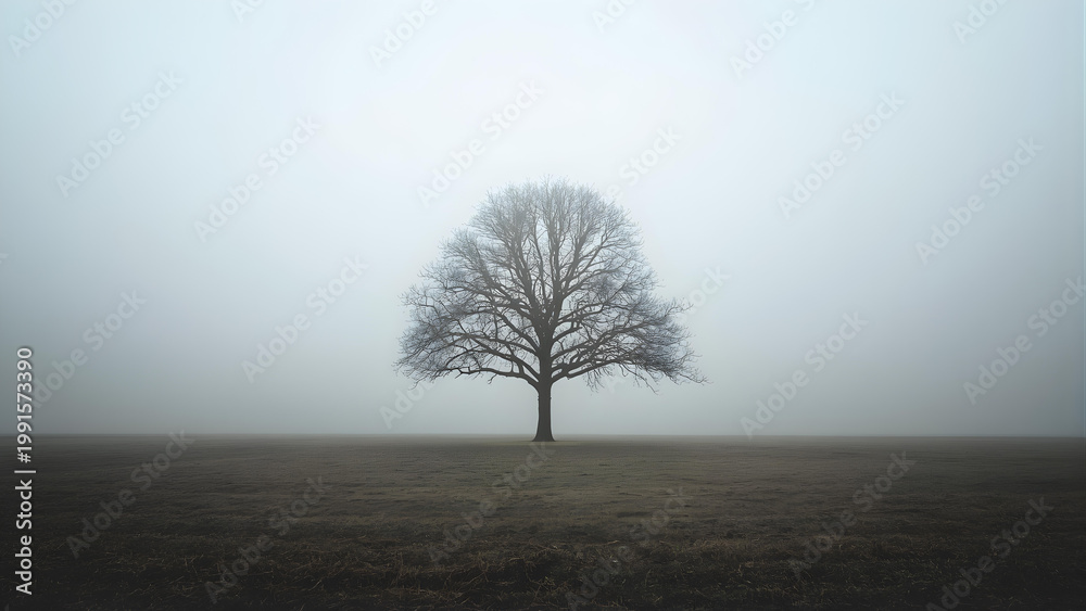 Obraz premium A lone tree stands in a foggy field landscape