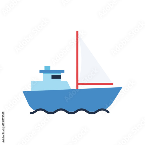 A simple illustration of a small sailboat sailing on the ocean with a white sail and blue hull