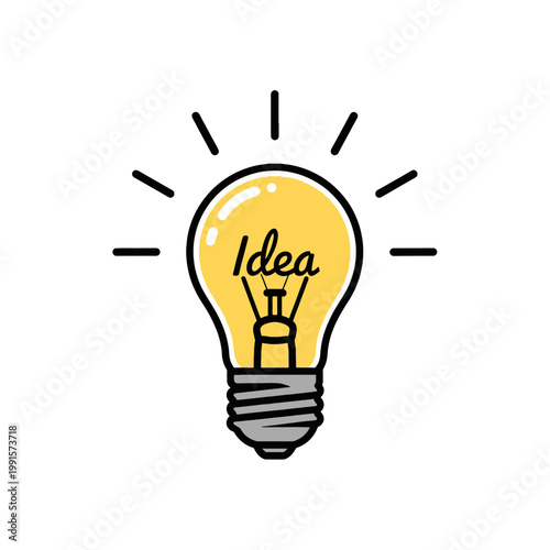 A bright yellow light bulb with the word idea written inside, representing a new concept