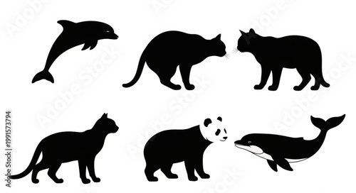 Collection of Animal Silhouettes Including Cats Dolphin Panda and Whale.