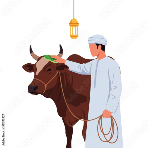 Vector flat design illustration of a man in traditional clothing cleaning a cow under a lantern, symbolizing Eid al-Adha