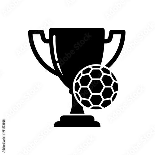 A trophy and a ball are displayed in a simple black and white illustration