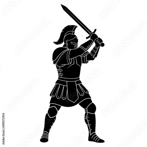 A warrior figure in full armor is holding a sword ready to strike with great power