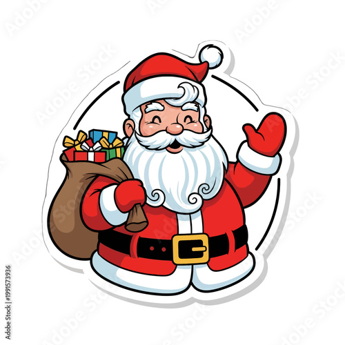 A cheerful cartoon character with a white beard and a red suit is waving happily