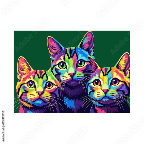 Three colorful felines are depicted in a vibrant and eye-catching pop art style illustration