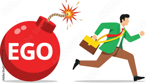 Ego bomb explosion concept vector, businessman running away from red ego time bomb, toxic personality and corporate pride metaphor illustration