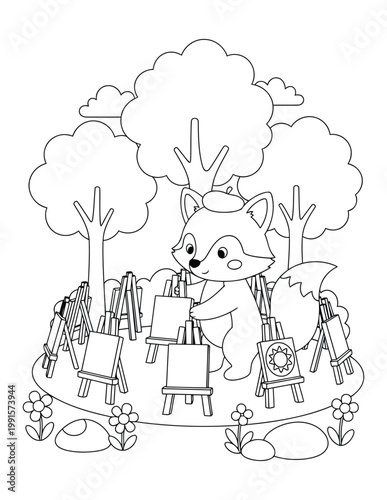 Fox wearing a beret manages multiple easels in a forest park for a creative animal coloring page