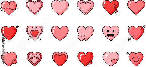 Cute pink and red heart icons set, 18 romantic love vector illustrations, cartoon heart shapes with faces and arrows for Valentine's Day design