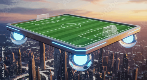 Futuristic flying soccer field above a city with sunset cartoon style illustration of elevated stadium for sports concept