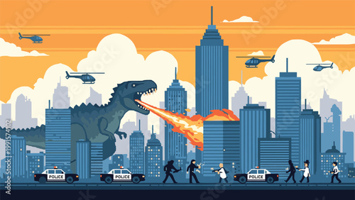 Retro pixel art scene depicts a giant fire-breathing dinosaur attacking a metropolitan city while police cars and helicopters arrive.