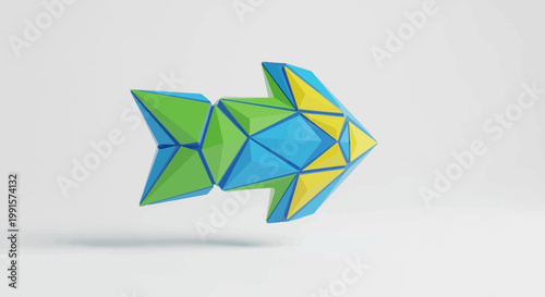 Geometric right arrow symbol with blue green and yellow polygonal facets on white contoured background in a modern design style