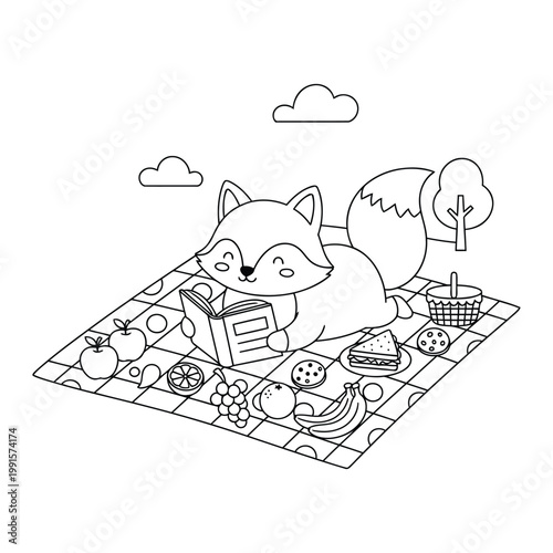 Fox relaxing on picnic blanket reading a book with fruits and snacks in cute outdoor coloring page illustration