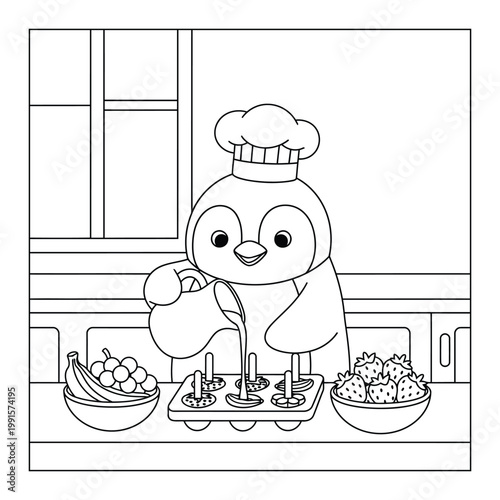 Smoothie cute penguin chef pouring fresh fruit mix into molds on table in kitchen coloring page