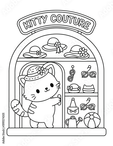 Coloring page cute kitty fashion boutique with hats sunglasses and accessories in a playful shop scene