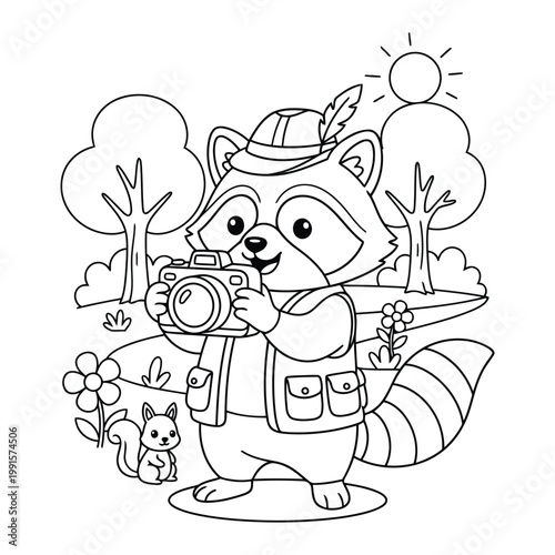 Coloring page cute raccoon photographer with camera in nature outdoor scene