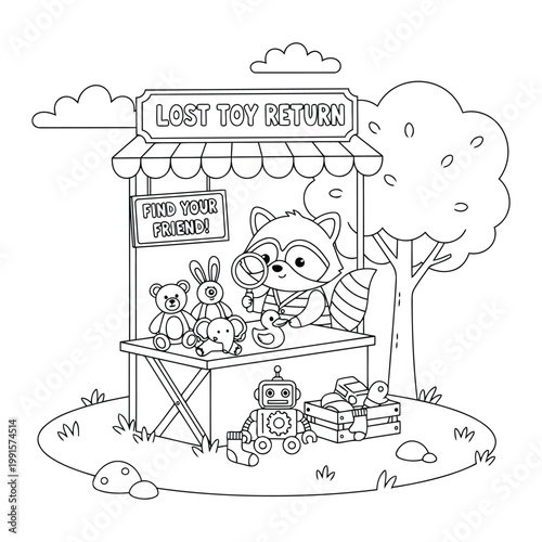 Coloring page cute raccoon running lost toy return booth helping kids scene