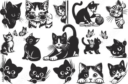 Cute Cat Silhouettes Peeking – Adorable Kitten Vector Illustration