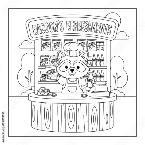 Coloring page cute raccoon shopkeeper selling snacks and drinks at refreshment stand