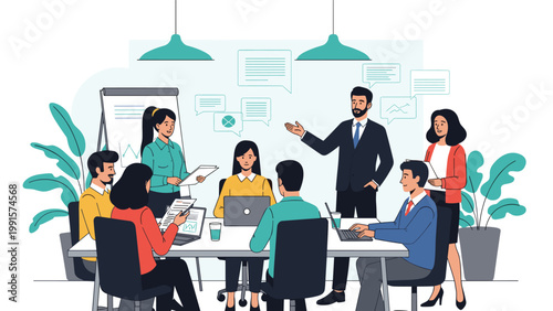 Team of diverse business professionals having a productive meeting and presentation in a bright and modern office space.