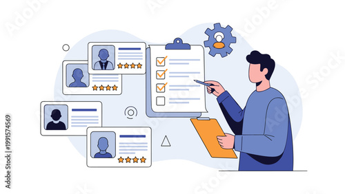 Professional recruiter with a clipboard reviewing job candidate profiles and checking off a list of qualified applicants.