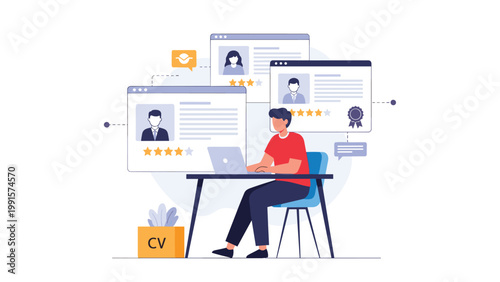 Young man sitting at his desk with a laptop while reviewing and evaluating candidate resumes for a job opening.