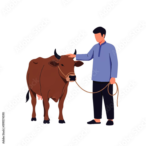 Vector flat design illustration of a farmer gently petting a brown cow on a white background, representing rural life