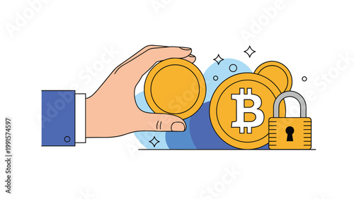 Businessman hand reaching for a gold coin next to bitcoins and a secure padlock on a cloud background for finance concept.