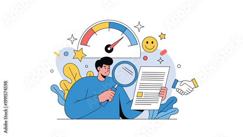 Man looking at a document through a magnifying glass with a performance gauge and handshake icons for business auditing.