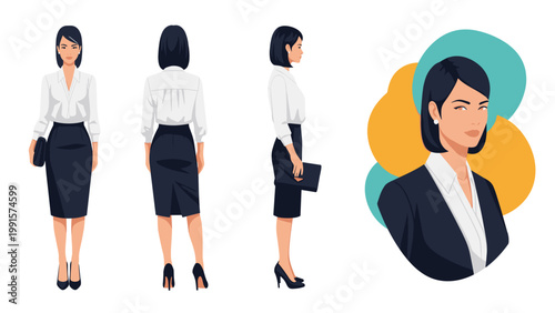 Full length portraits and profile of a stylish businesswoman wearing a white blouse and dark skirt for professional use.