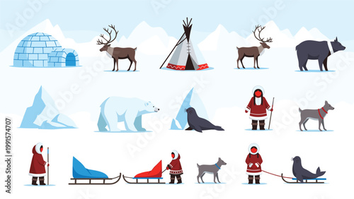 Large set of flat arctic icons including igloos, reindeers, polar bears, seals, sleds, and indigenous people in traditional winter clothing.