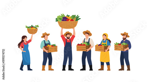 Group of diverse farmers wearing hats and overalls holding crates and baskets of fresh harvest vegetables for a market.