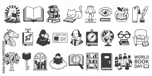 Literacy and Reading Vector Icon Set - World Book Day Hand-Drawn Illustrations