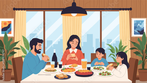 Happy family of four sitting around a large dining table enjoying a healthy meal together in their modern and comfortable home.