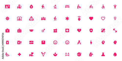Comprehensive Pink Medical and Healthcare Vector Icon Set for Hospital and Wellness Design