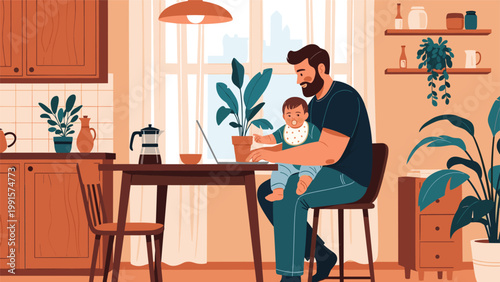 Modern father working on his laptop at home while holding his baby on his lap in a cozy kitchen filled with green house plants.