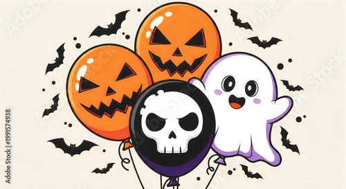 Halloween Balloons with Jack-O'-Lantern, Ghost, and Skull Designs illustration