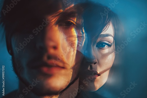 Surreal Double Exposure Portrait of a Man and Woman in Moody Lighting.