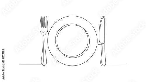 Minimalist Single Line Drawing of Plate Fork and Knife.. Continuous line style. Hand drawn. Line art. Vector design. illustration
