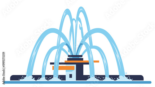 Elegant illustration of a multi-tiered water fountain with numerous blue jets spraying upwards and outwards from a central dark base.