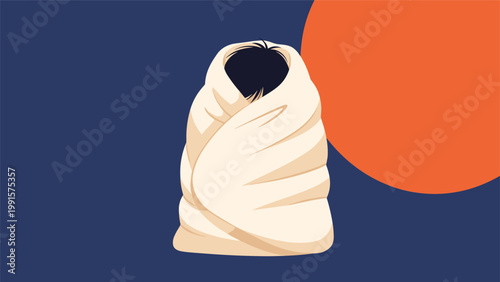 Simple illustration of a person completely wrapped in a thick white blanket against a dark blue background with a large orange circle.