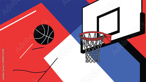 Abstract sports illustration featuring a black basketball flying towards a white backboard and a red rim with a net against a divided background.
