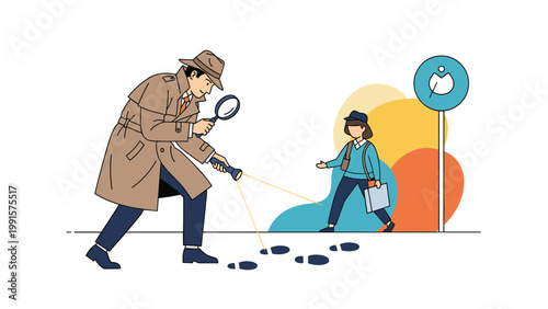 Private investigator wearing a trench coat and hat using a magnifying glass and flashlight to examine footprints.