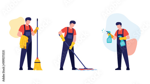 Professional male cleaners in red and blue uniforms performing tasks like sweeping mopping and spraying surfaces.